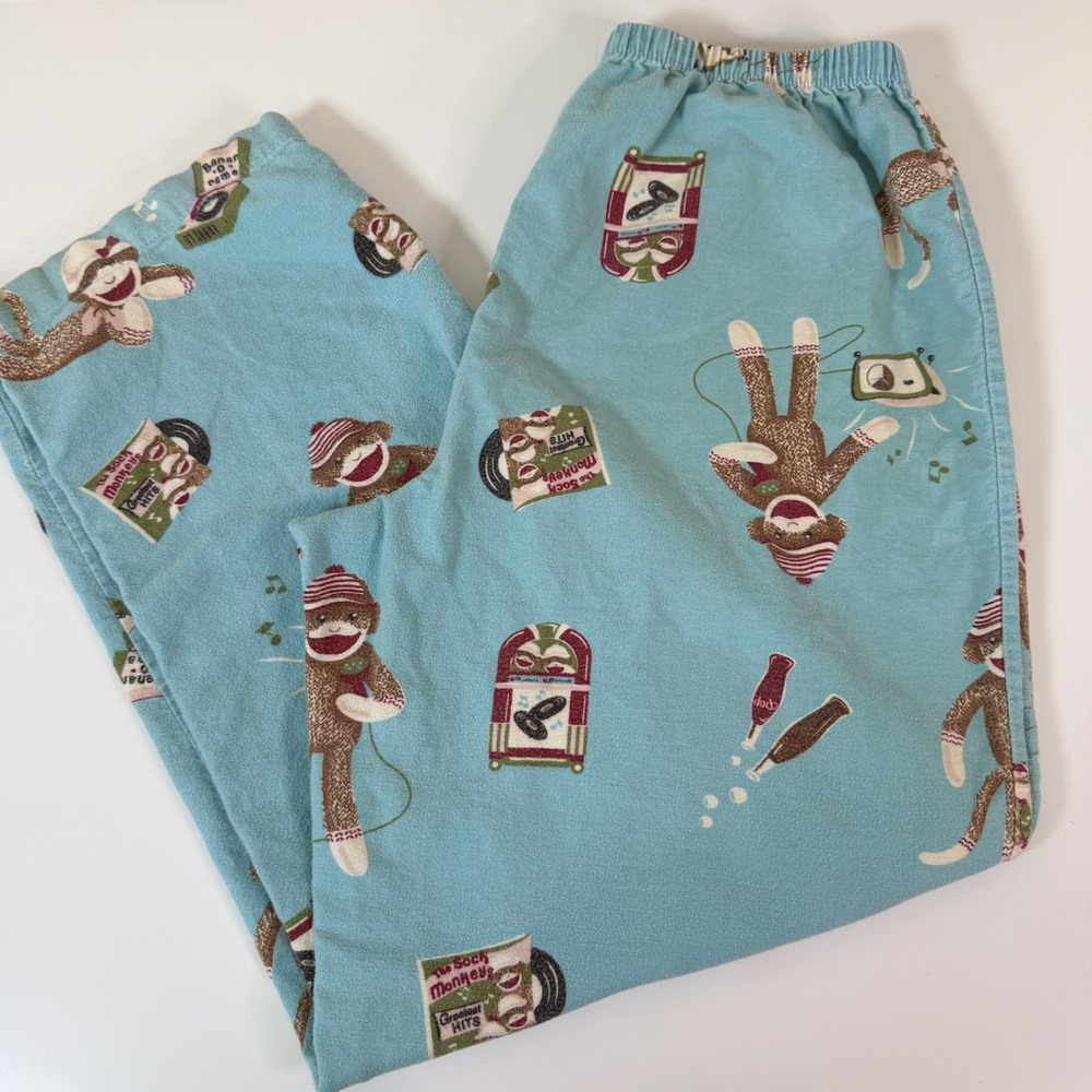 Sock Monkey Retro Novelty Print Blue Cotton Flannel Pajama Pants Small Lounge